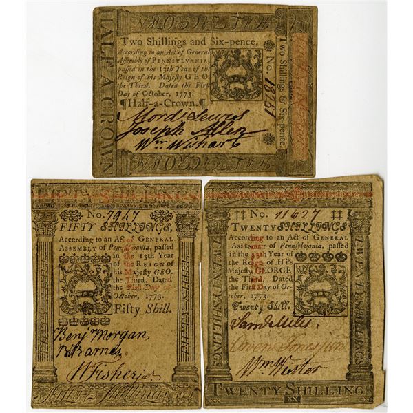 Pennsylvania Colonial Currency Trio, October 1st, 1773 Signed by Samuel Miles and Owen Jones Jr.