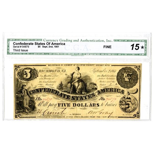 C.S.A., 1861, $5, Third Issue, CGA Fine 15.