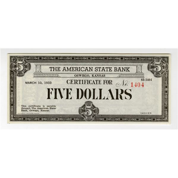 American State Bank, Oswego, Kansas, 1933 $5 Depression Scrip Note.