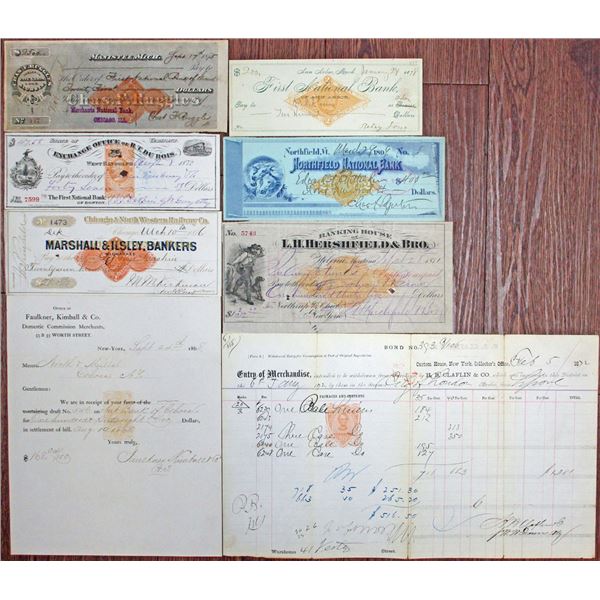 Montana Territory, Michigan, Vermont and New York, Imprinted Revenue Check, Draft & Document Assortm