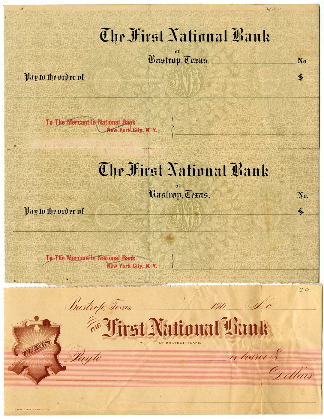First National Bank of Bastrop, Texas, 1900-1909 Proof Check Trio