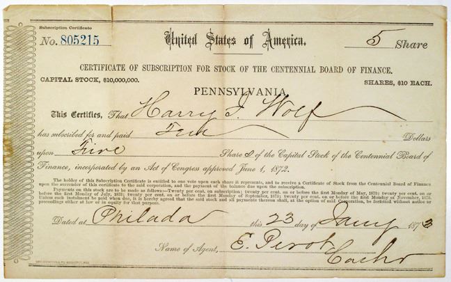 Centennial Board of Finance 1873 I/U Stock Certificate Subscription Centennial Board of Finance 1873 I/U Stock Certificate Subscription