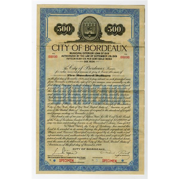 City of Bordeaux, 1919 Specimen Bond