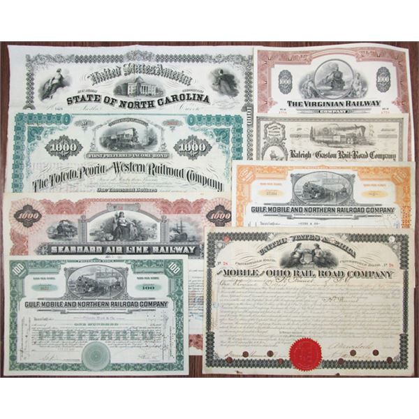 North Carolina, Virginia, Alabama, Ohio, Mississippi, Tennessee Collection of Railroad Stocks and Bo