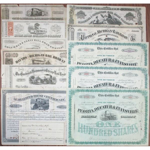 Ohio, Pennsylvania, West Virginia, Indiana, Illinois Collection of Railroad Stocks and Bonds, ca.185