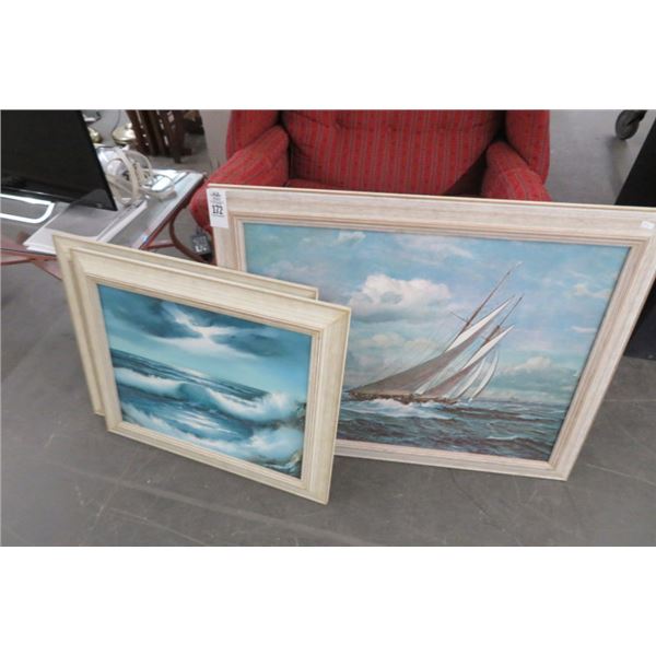 Framed Oil On Canvas Sailboat & Ocean Prints (3)