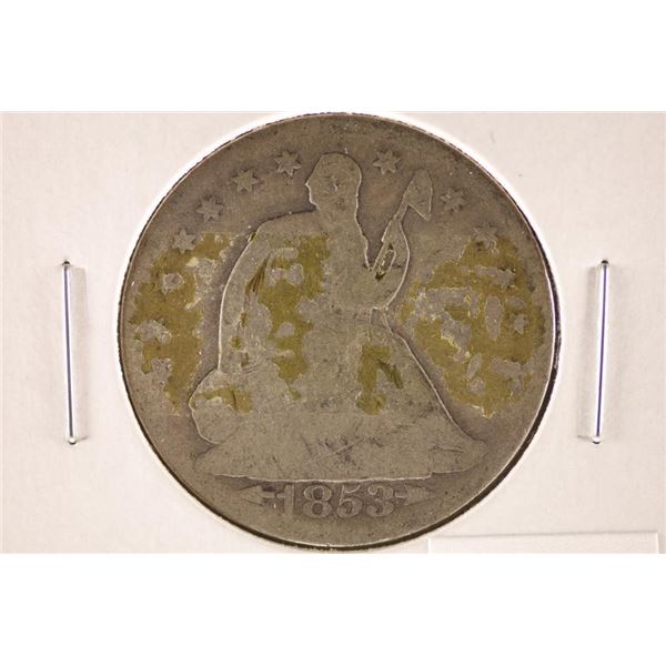 1853 SEATED LIBERTY HALF DOLLAR TAPE MARK ON IT