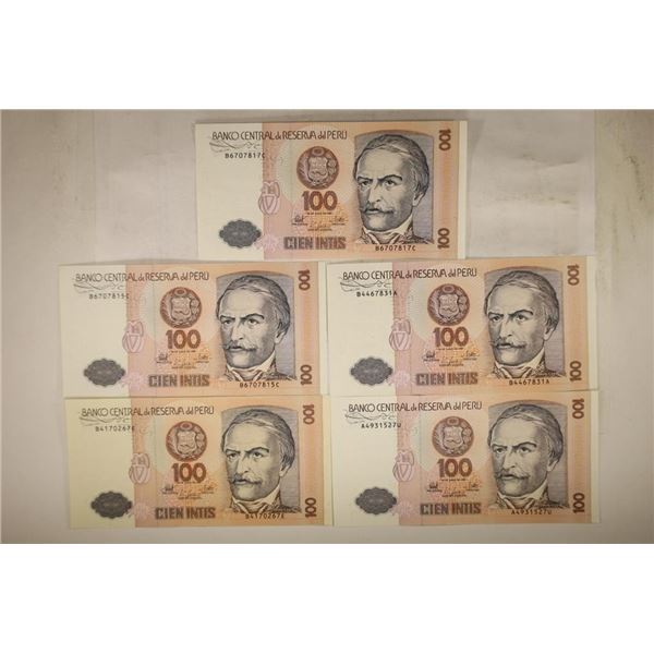 5-1987 PERU 100 INTIS CRISP UNC BILLS