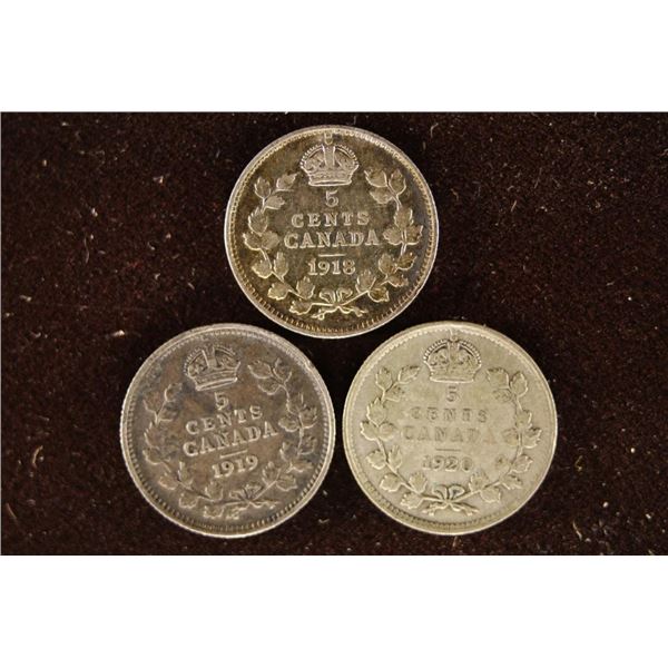 1918, 1919 & 1920 CANADA SILVER 5 CENTS