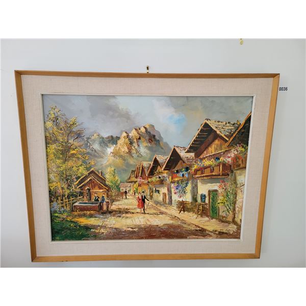 Framed Oil Painting Of Mountain Village  37' x 29'