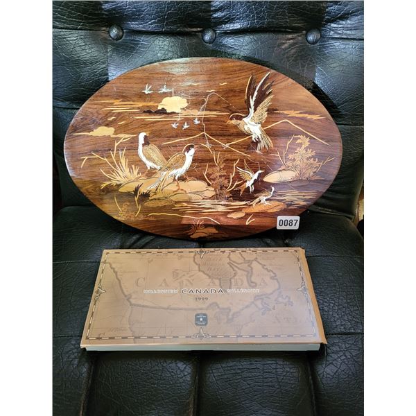 Wall Hanging Wooden Bird Plaque & Millennium 1999 Collector Coin Set