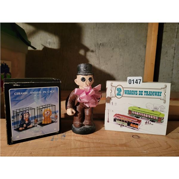 Vintage Ceramic Animal In cage ,Statue Of Man & Two Wagons