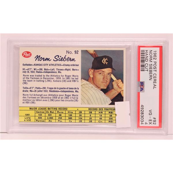 1962 POST NORM SIEBERN BASEBALL CARD GRADED