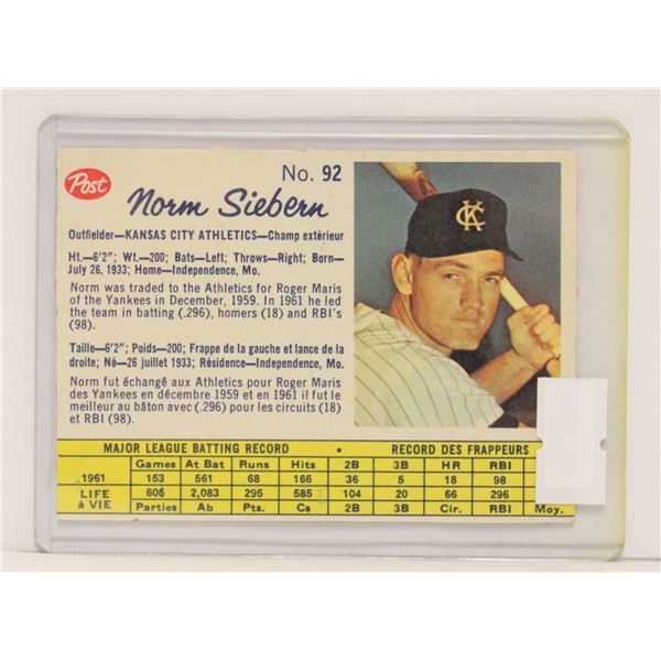 1962 POST NORM SIEBEERN BASEBALL CARD