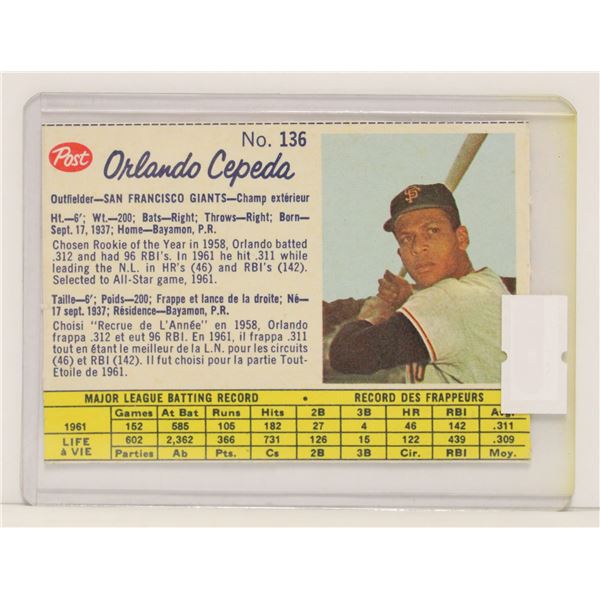 1962 POST ORLANDO CEPEDA BASEBALL CARD