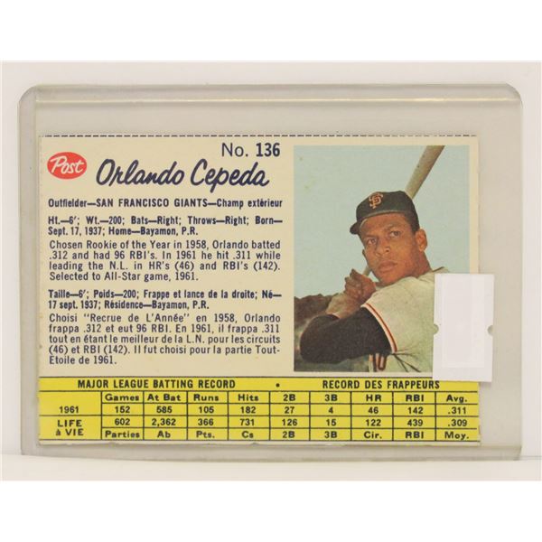 1962 POST ORLANDO CEPEDA BASEBALL CARD