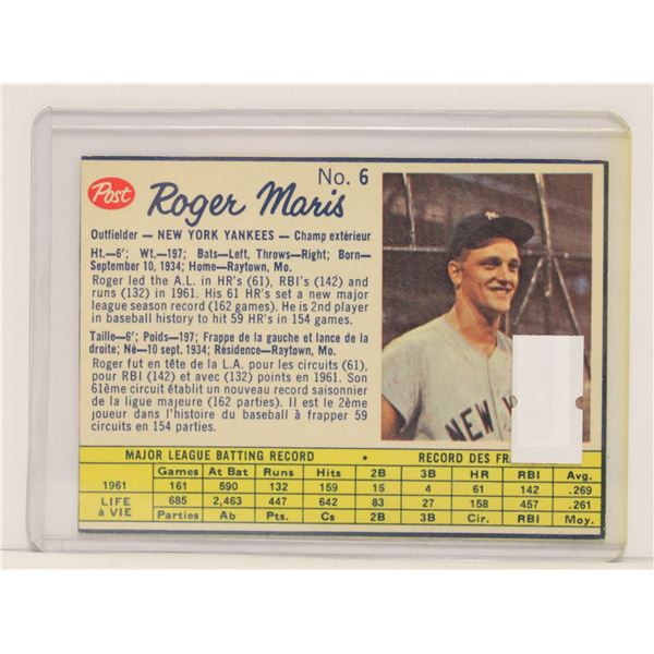 1962 POST ROGER MARIS BASEBALL CARD