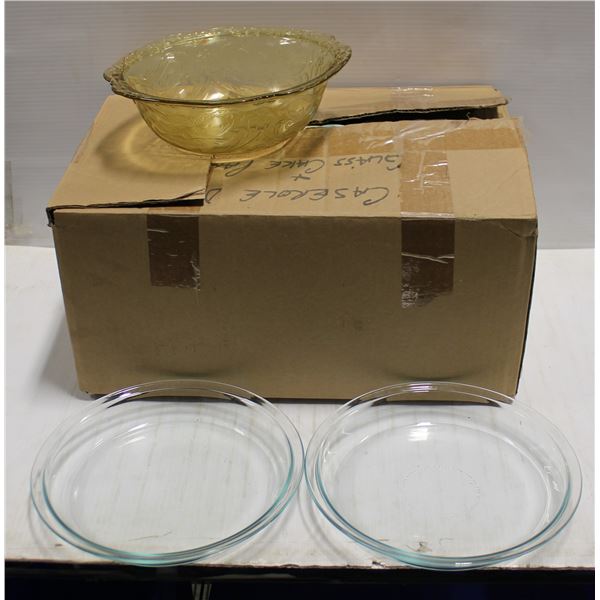BOX OF ASSORTED PIE PLATES, CASSEROLE DISHES &