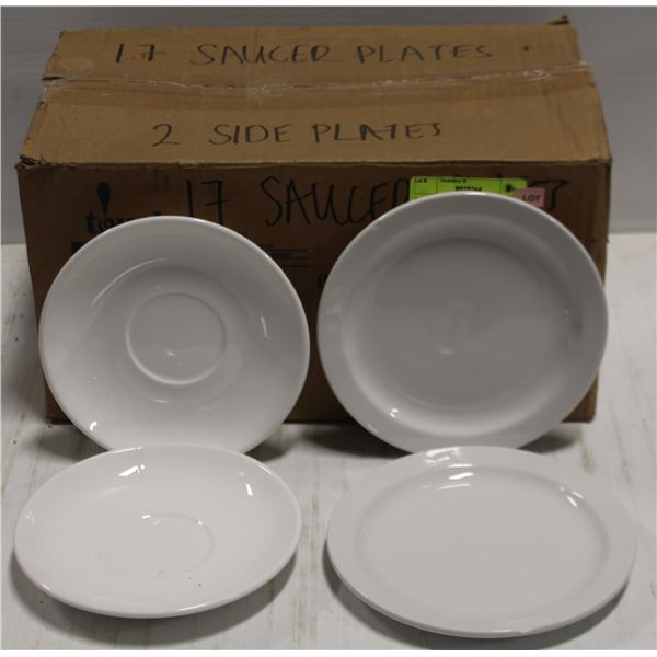 BOX OF ASSORTED PLATES 17 SAUCERS, 2 SIDE PLATES