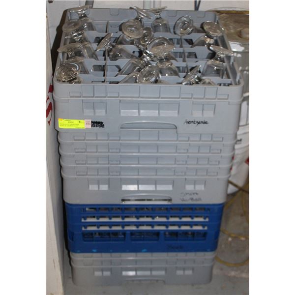 STACK OF FULL DISHWASHER RACKS OF ASSORTED GLASS