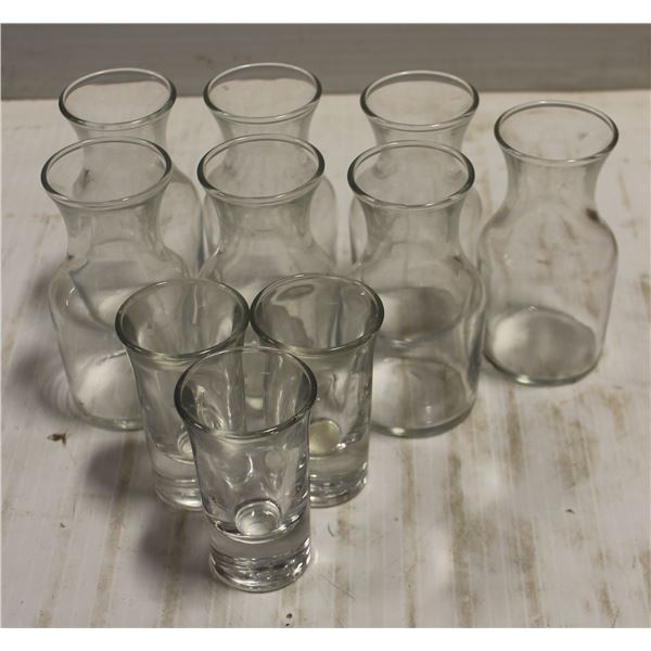 BOX OF 10 SMALL GLASS SIDE DECANTERS