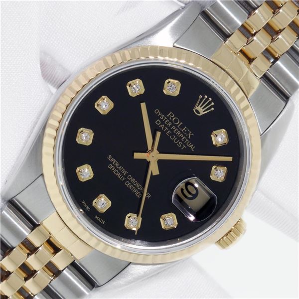 Rolex Mens Datejust 36 Yellow Gold And SS Black Diamond VS Oyster Perpetual With