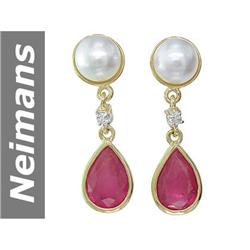 9 MM Akoya Pearl & Ruby & Diamond Earrings 14kt Gold