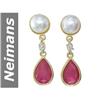 Image 1 : 9 MM Akoya Pearl & Ruby & Diamond Earrings 14kt Gold