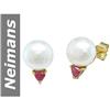 Image 1 : 8.5 MM Akoya Pearl & Ruby Earrings 14kt Gold