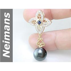 11 MM Black Tahitian Pearl & Sapphire & Diamond Pendant 14kt Gold