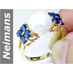 9 MM Blue Sapphire & Akoya Pearl Ring 14kt Gold