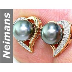 8.5 MM Black Tahitian Pearl & Diamond Earrings 14kt Gold