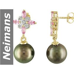 11 MM Black Tahitian Pearl & Pink Sapphire & Diamond Earrings 14kt Gold