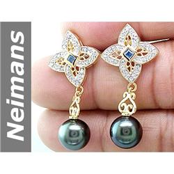 9.5 MM Black Tahitian Pearl & Sapphire & Diamond Earrings 14kt Gold