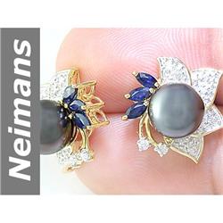 8.5 MM Black Tahitian Pearl & Sapphire & Diamond Earrings 14kt Gold