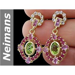 6.98 ct Peridot , Pink, White Sapphire & Ruby Earrings 14kt Gold