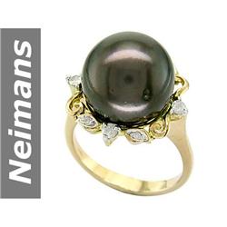 13.5 MM Black Tahitian Pearl & Diamond Ring 14kt Gold