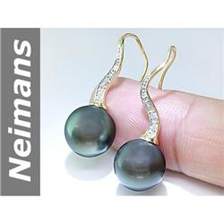 11 MM Black Tahitian Pearl & Diamond Earrings 14kt Gold