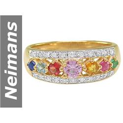 1.04 ct Blue, Green, Orange, Pink, Yellow Sapphi , Emerald & Ruby & Diamond Ring 14kt Gold