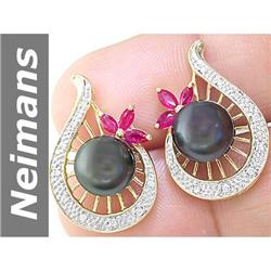 9.5 MM Black Tahitian Pearl & Ruby & Diamond Earrings 14kt Gold