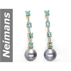 12.5 MM Apatite , Black Tahitian Pearl & White Sapphire Earrings 14kt Gold