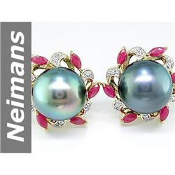12.5 MM Black Tahitian Pearl & Ruby & Diamond Earrings 14kt Gold