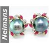 Image 1 : 12.5 MM Black Tahitian Pearl & Ruby & Diamond Earrings 14kt Gold