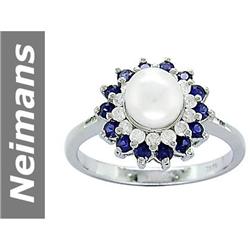 7 MM Culture Pearl & Sapphire & Diamond Ring 14kt Gold