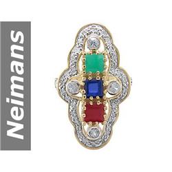 3.47 ct Blue, White Sapphire , Emerald & Ruby & Diamond Ring 14kt Gold