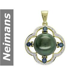 15.5 MM Black Tahitian Pearl & Sapphire & Diamond Pendant 14kt Gold