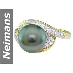 9.5 MM Black Tahitian Pearl & Diamond Ring 14kt Gold