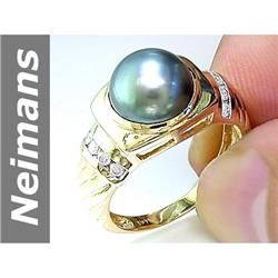 9.5 MM Black Tahitian Pearl & Diamond Ring 14kt Gold