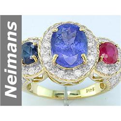 4.3 ct Ruby , Sapphire & Tanzanite & Diamond Ring 14kt Gold