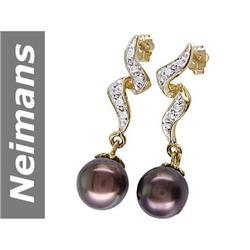 9.5 MM Black Tahitian Pearl & Diamond Earrings 14kt Gold